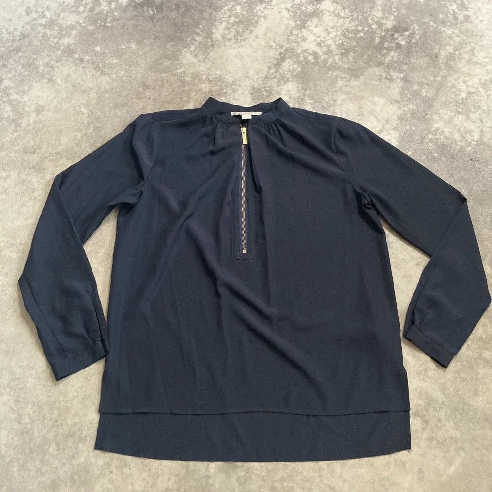 Michael Kors Blouse Womens 6 Navy Blue Tie Neck Long Sleeve Career Work Top